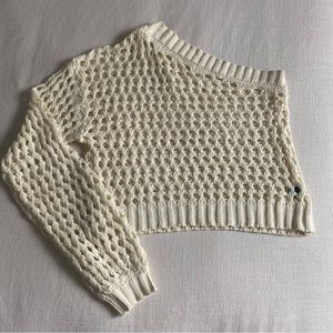 Maeve by Anthropologie Cream Open Knit Crochet One Shoulder Layering Sweater